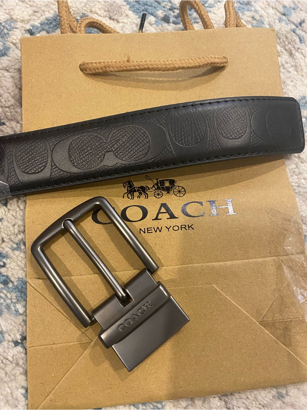Coach Black Signature Embossed PU leather Belt with Matte Gunmetal Buckle+wallet
